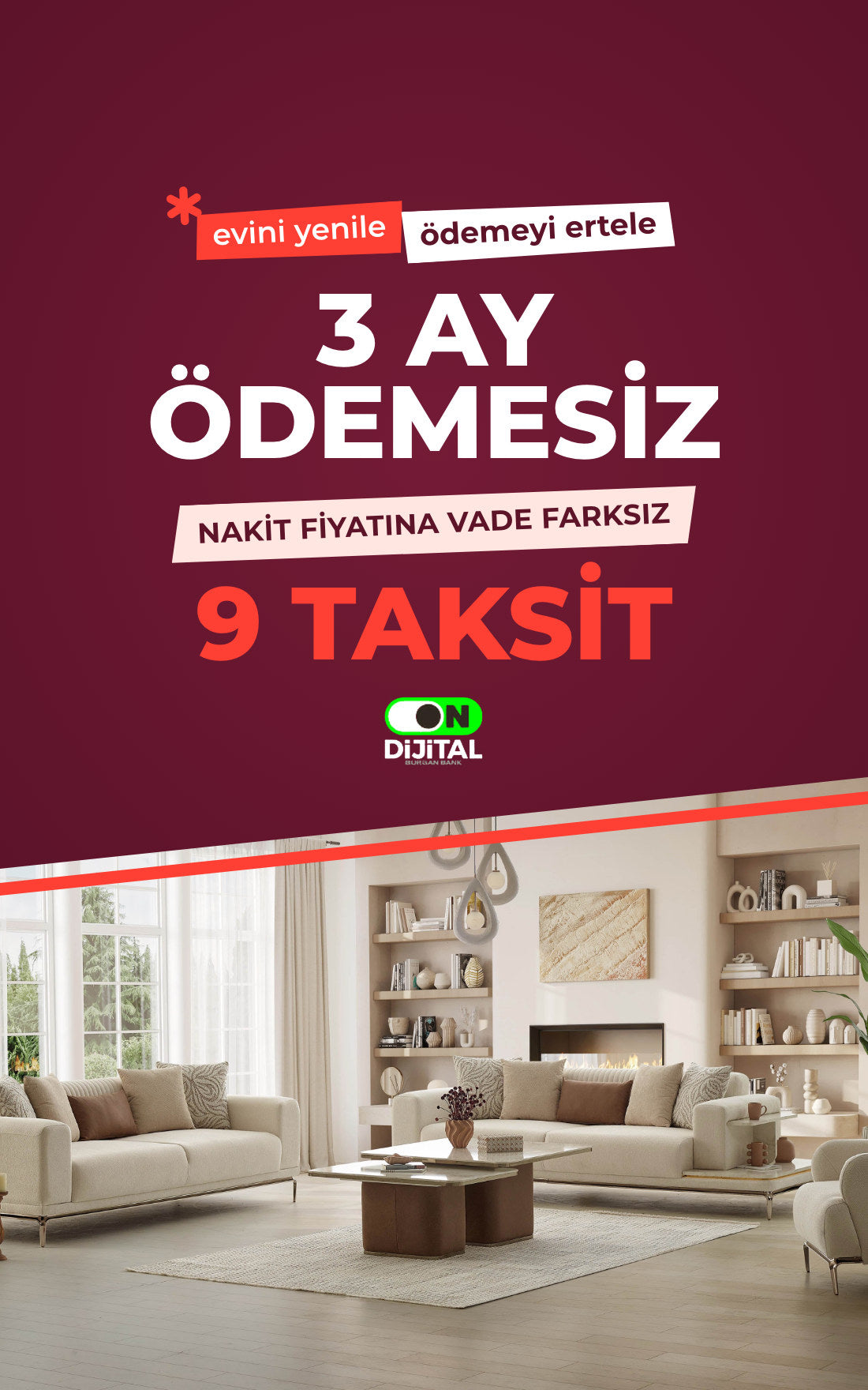 3 ay ödemesiz, nakit fiyatına vade farksız 9 taksit kampanyası