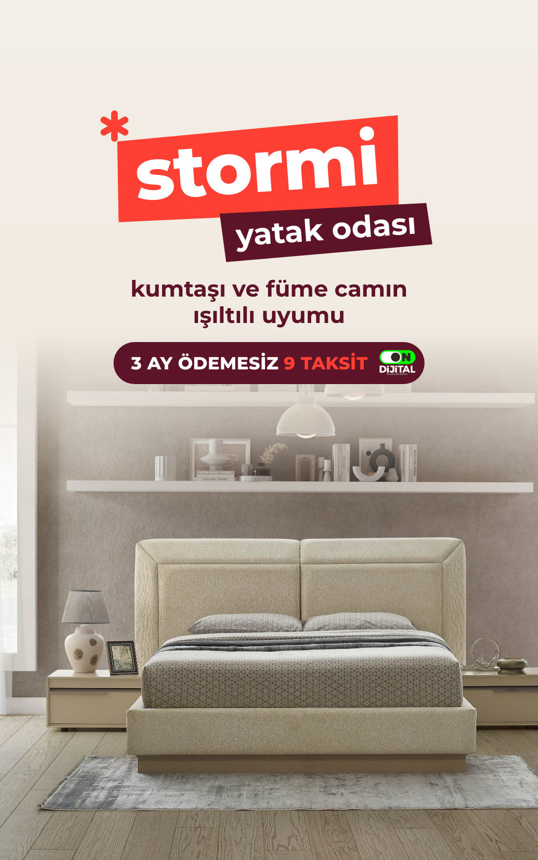 Stormi Yatak Odası – kumtaşı ve füme camın ışıltılı uyumu